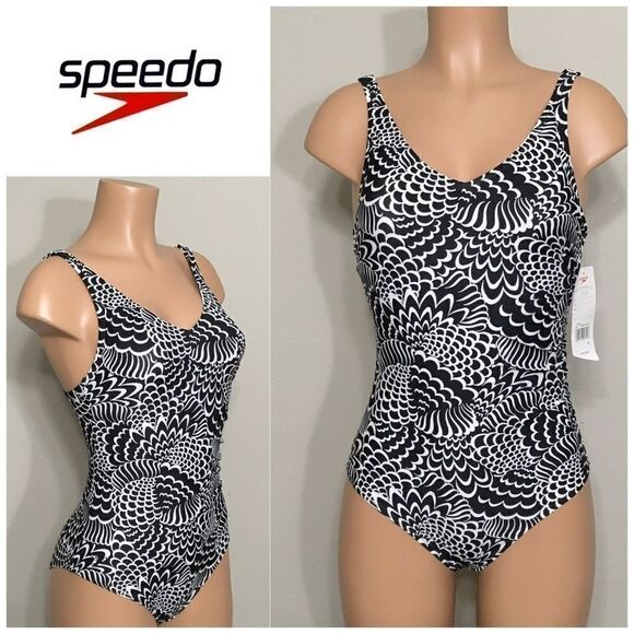 Speedo black and white ruched side swimsuit. NWT - Picture 1 of 5